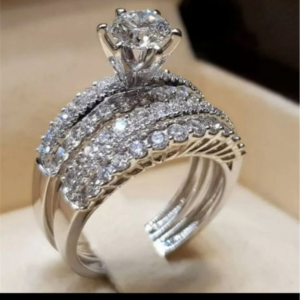 *NEW 2pc/set 925 Silver Diamond Ring